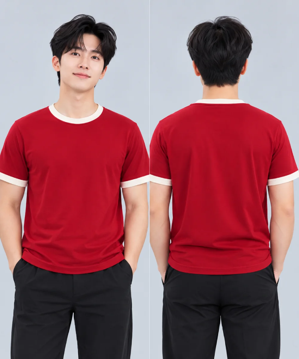 Áo Thun Đồng Phục Cổ Tròn Màu Đỏ Viền Kem Cổ và Tay - ảnh 2