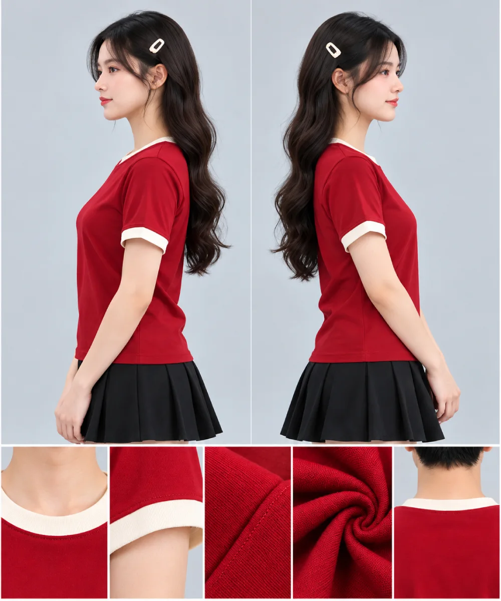 Áo Thun Đồng Phục Cổ Tròn Màu Đỏ Viền Kem Cổ và Tay - ảnh 5