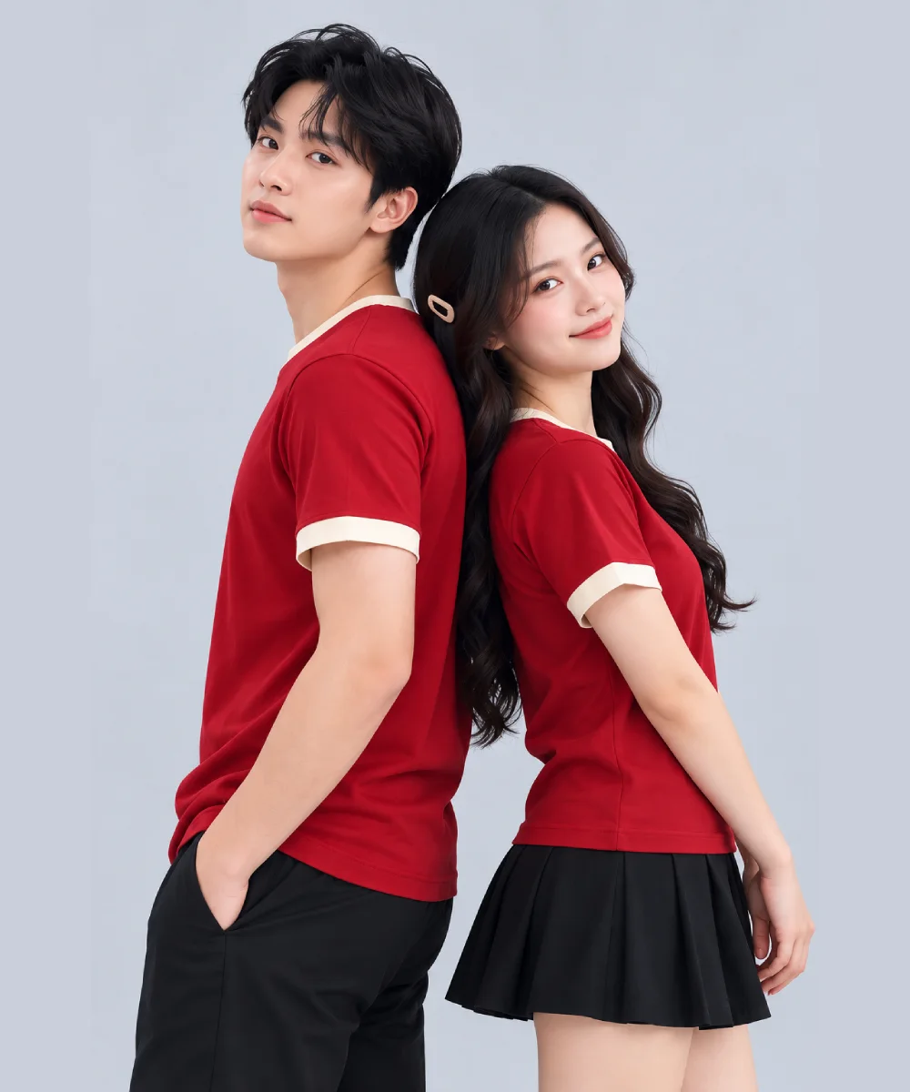 Áo Thun Đồng Phục Cổ Tròn Màu Đỏ Viền Kem Cổ và Tay - ảnh 4