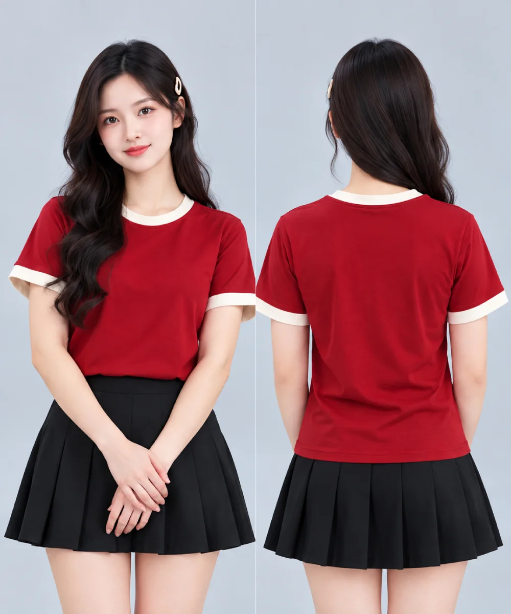 Áo Thun Đồng Phục Cổ Tròn Màu Đỏ Viền Kem Cổ và Tay - ảnh 3