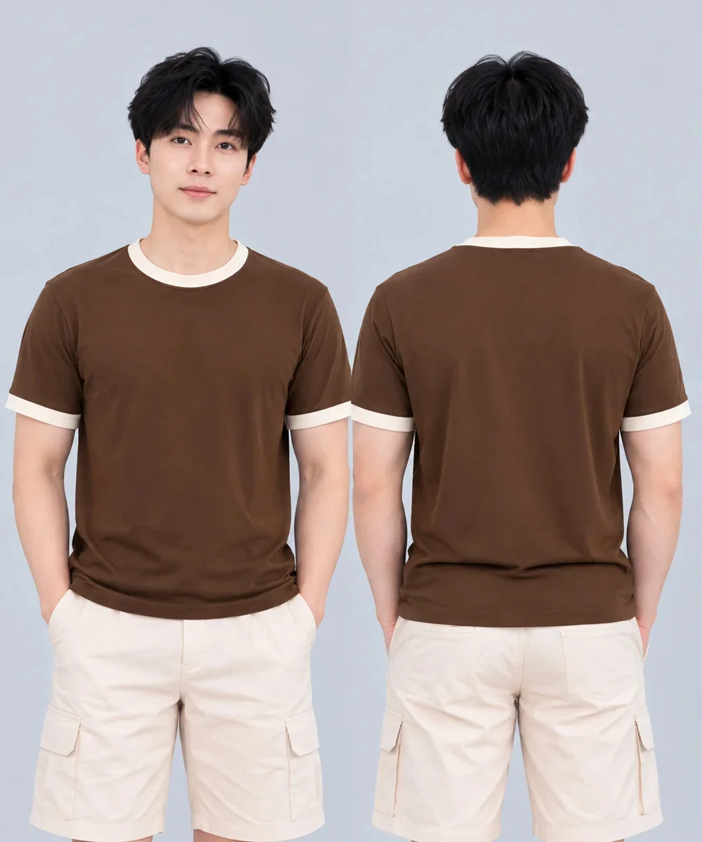 Áo Thun Đồng Phục Cổ Tròn Màu Nâu Cafe Viền Kem Cổ và Tay - ảnh 4