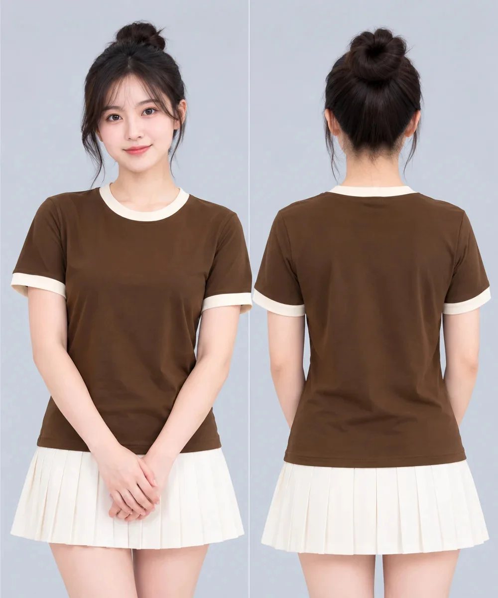 Áo Thun Đồng Phục Cổ Tròn Màu Nâu Cafe Viền Kem Cổ và Tay - ảnh 3
