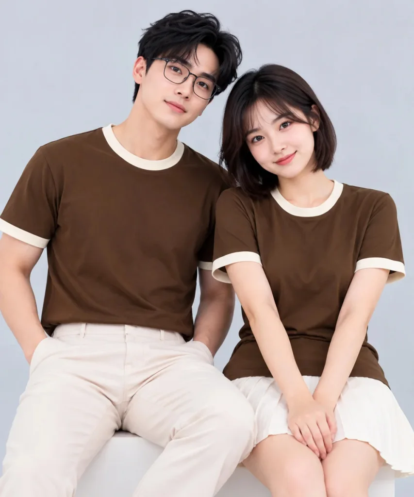 Áo Thun Đồng Phục Cổ Tròn Màu Nâu Cafe Viền Kem Cổ và Tay