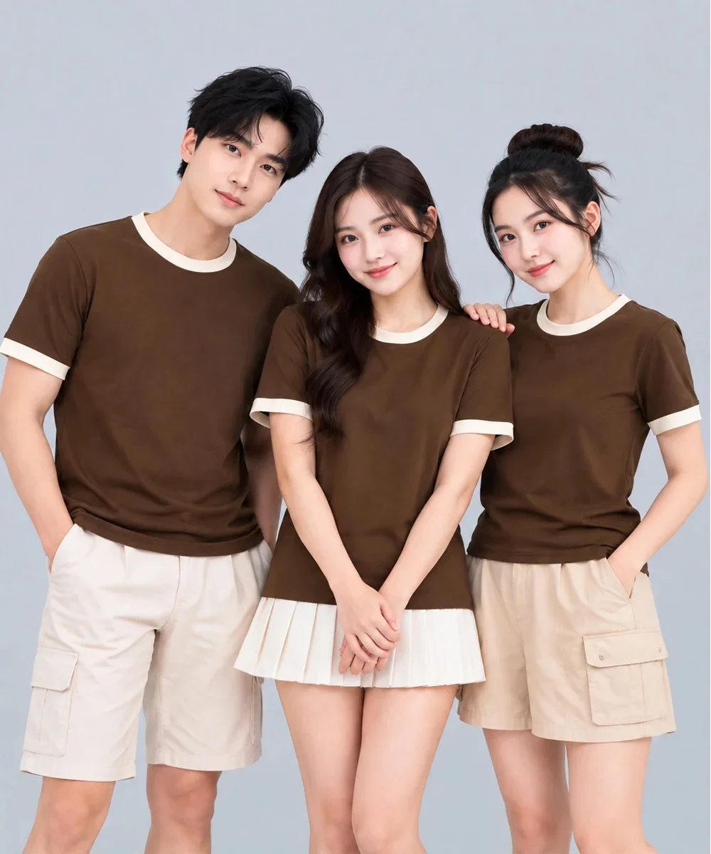 Áo Thun Đồng Phục Cổ Tròn Màu Nâu Cafe Viền Kem Cổ và Tay - ảnh 2