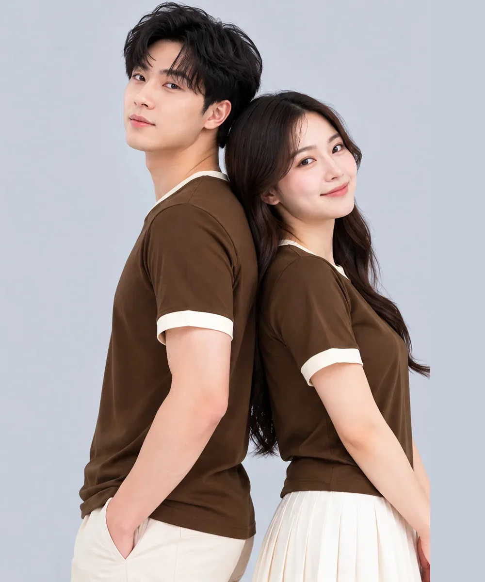 Áo Thun Đồng Phục Cổ Tròn Màu Nâu Cafe Viền Kem Cổ và Tay - ảnh 5