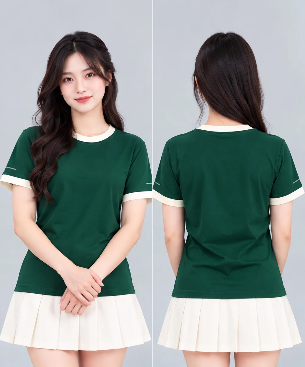 Áo thun đồng phục màu xanh lá cây viền kem cổ và tay - ảnh 5