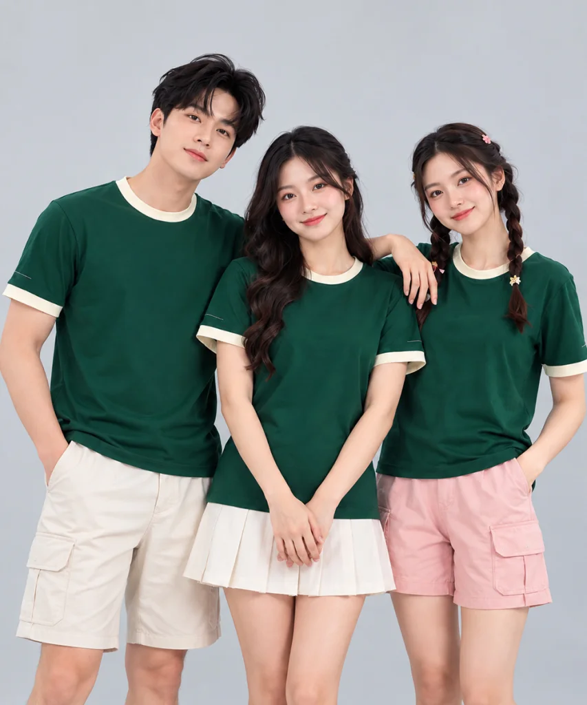 Áo thun đồng phục màu xanh lá cây viền kem cổ và tay