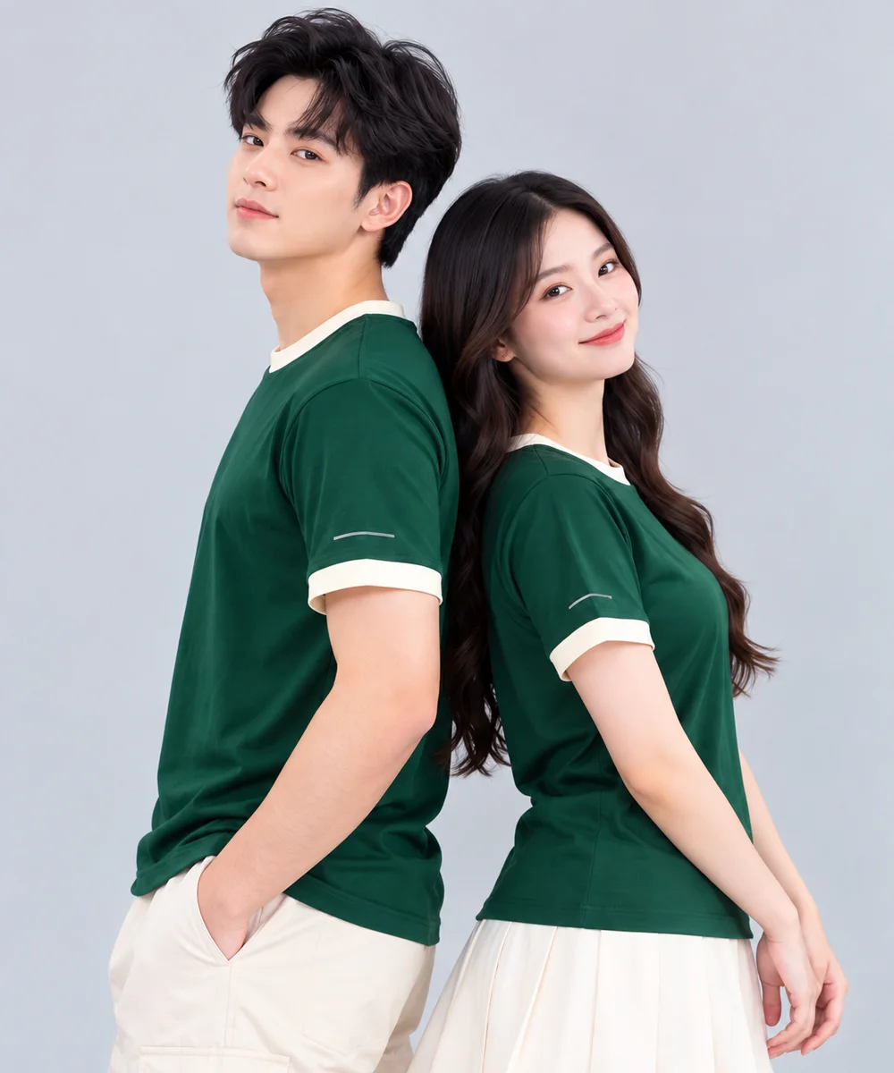 Áo thun đồng phục màu xanh lá cây viền kem cổ và tay - ảnh 3