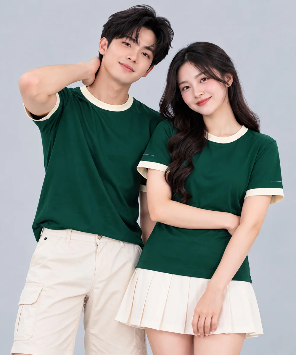 Áo thun đồng phục màu xanh lá cây viền kem cổ và tay - ảnh 2