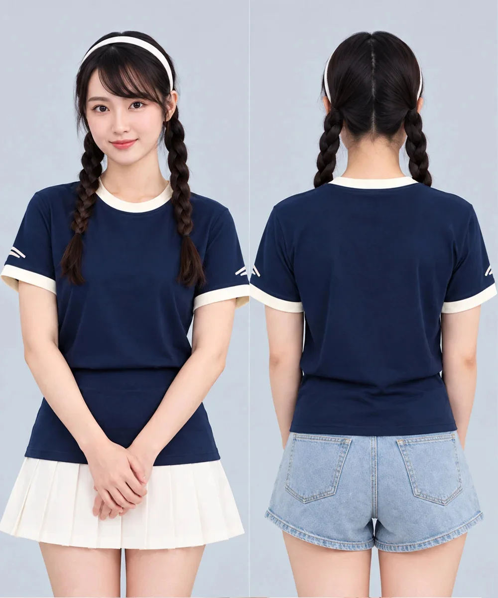 Áo Thun Đồng Phục Cổ Tròn Màu Xanh Navy Viền Kem Cổ và Tay - ảnh 4