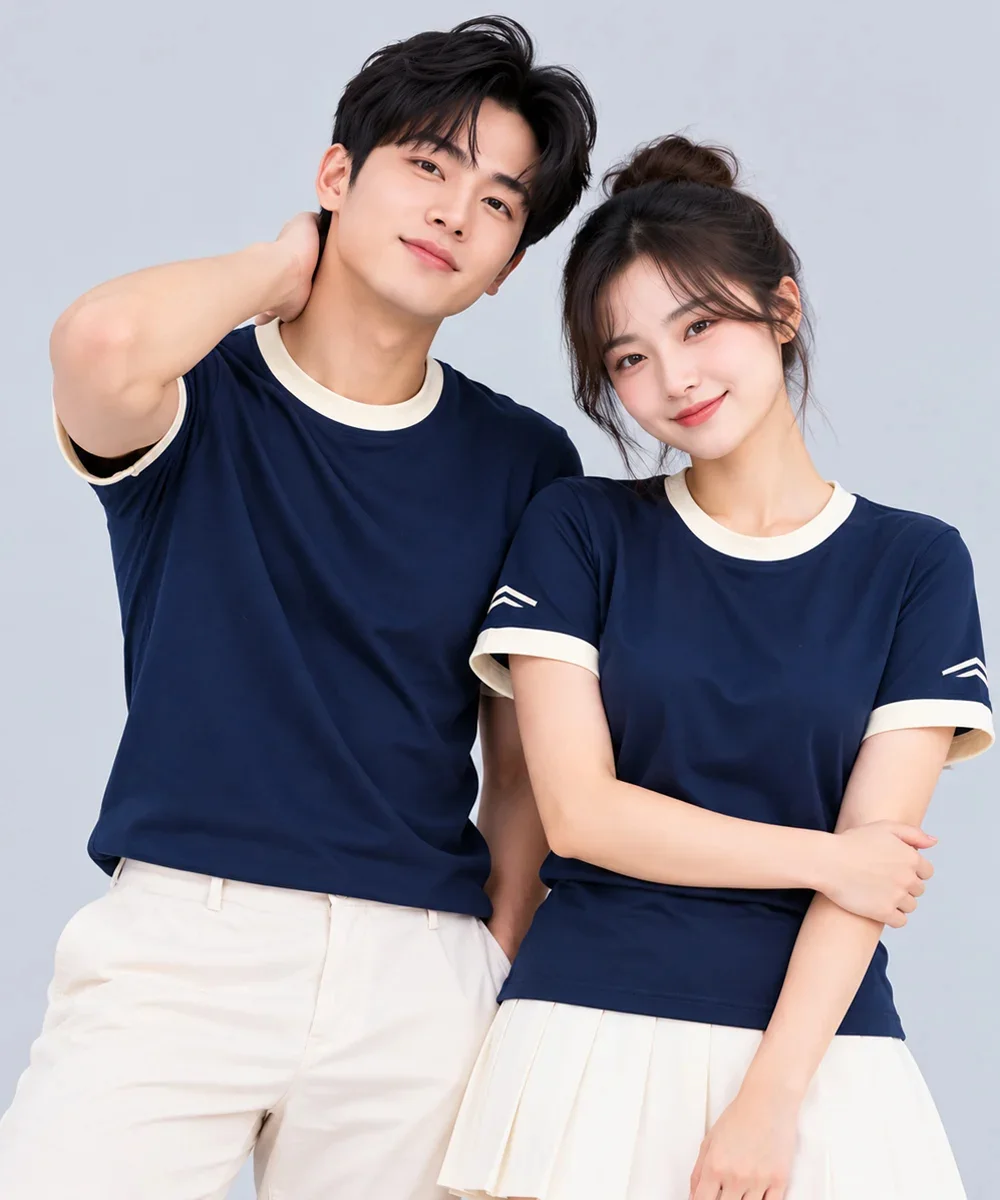 Áo Thun Đồng Phục Cổ Tròn Màu Xanh Navy Viền Kem Cổ và Tay - ảnh 2