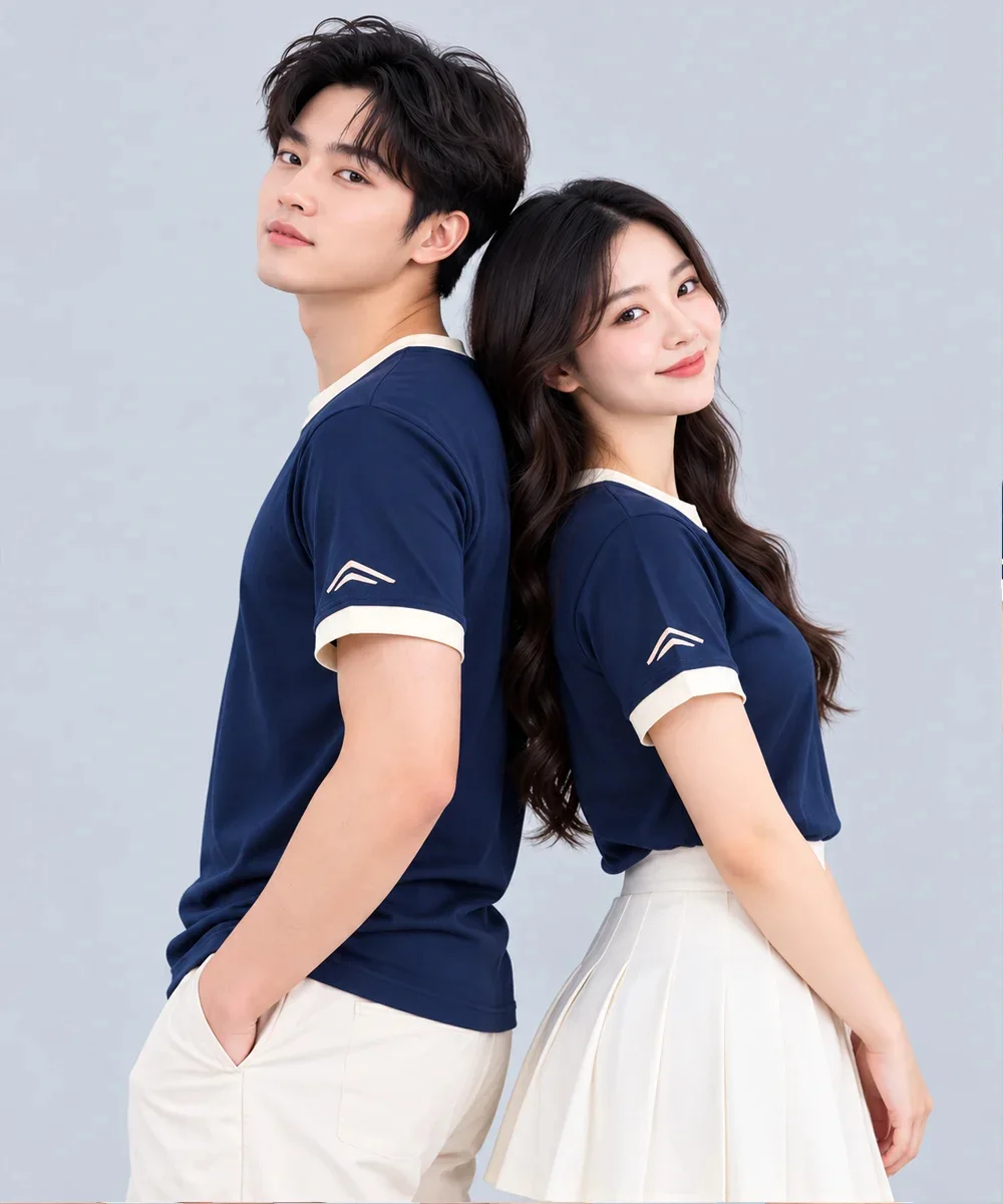Áo Thun Đồng Phục Cổ Tròn Màu Xanh Navy Viền Kem Cổ và Tay - ảnh 5