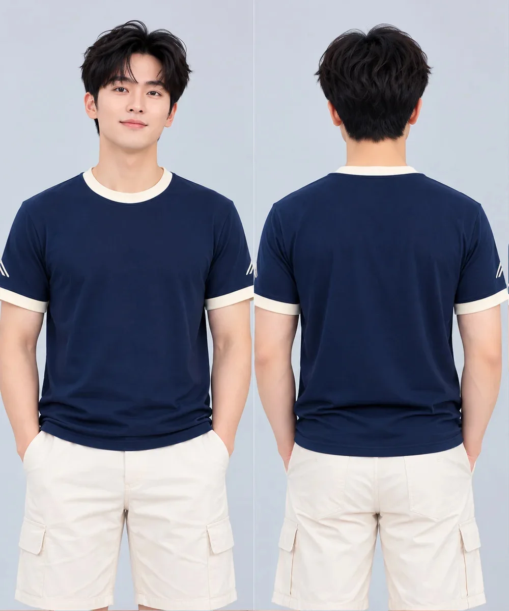 Áo Thun Đồng Phục Cổ Tròn Màu Xanh Navy Viền Kem Cổ và Tay - ảnh 3