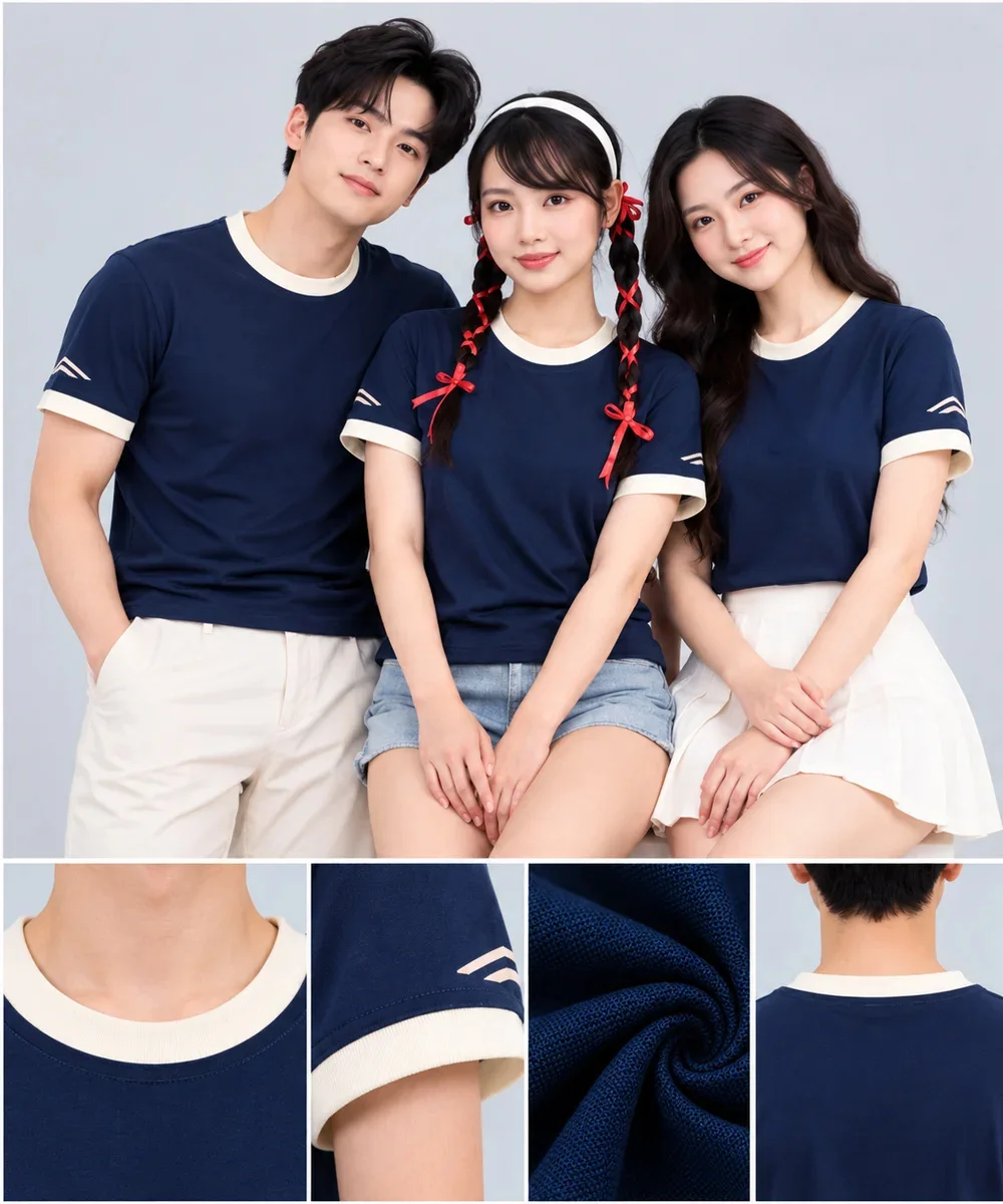 Áo Thun Đồng Phục Cổ Tròn Màu Xanh Navy Viền Kem Cổ và Tay - ảnh 6