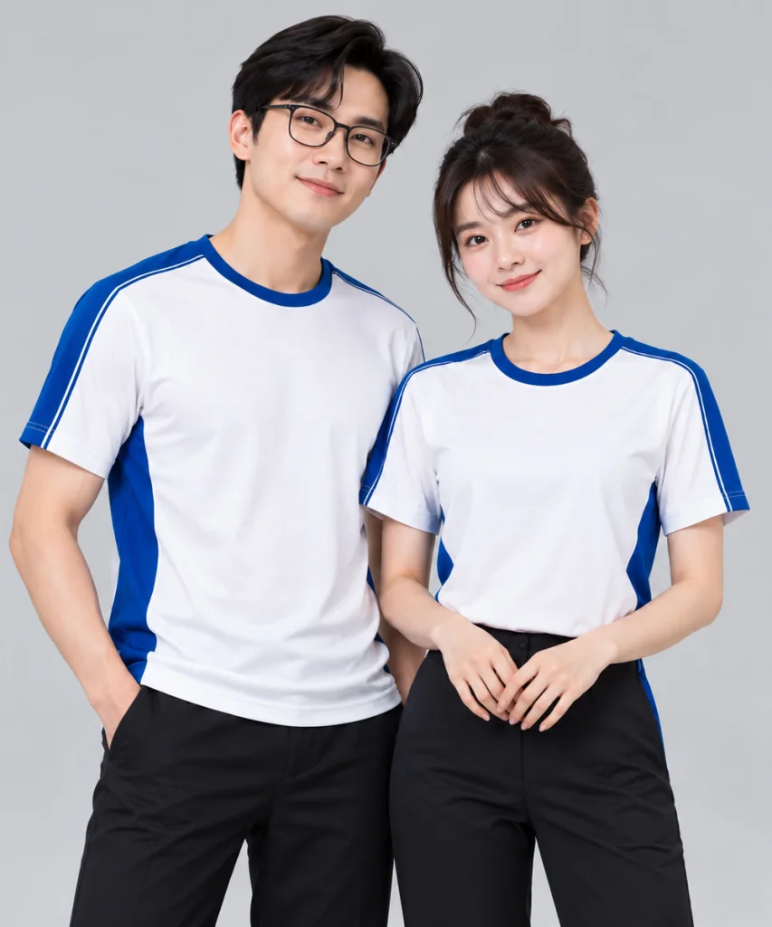 Áo Thun Đồng Phục Công Sở Màu Trắng Phối Xanh Dương