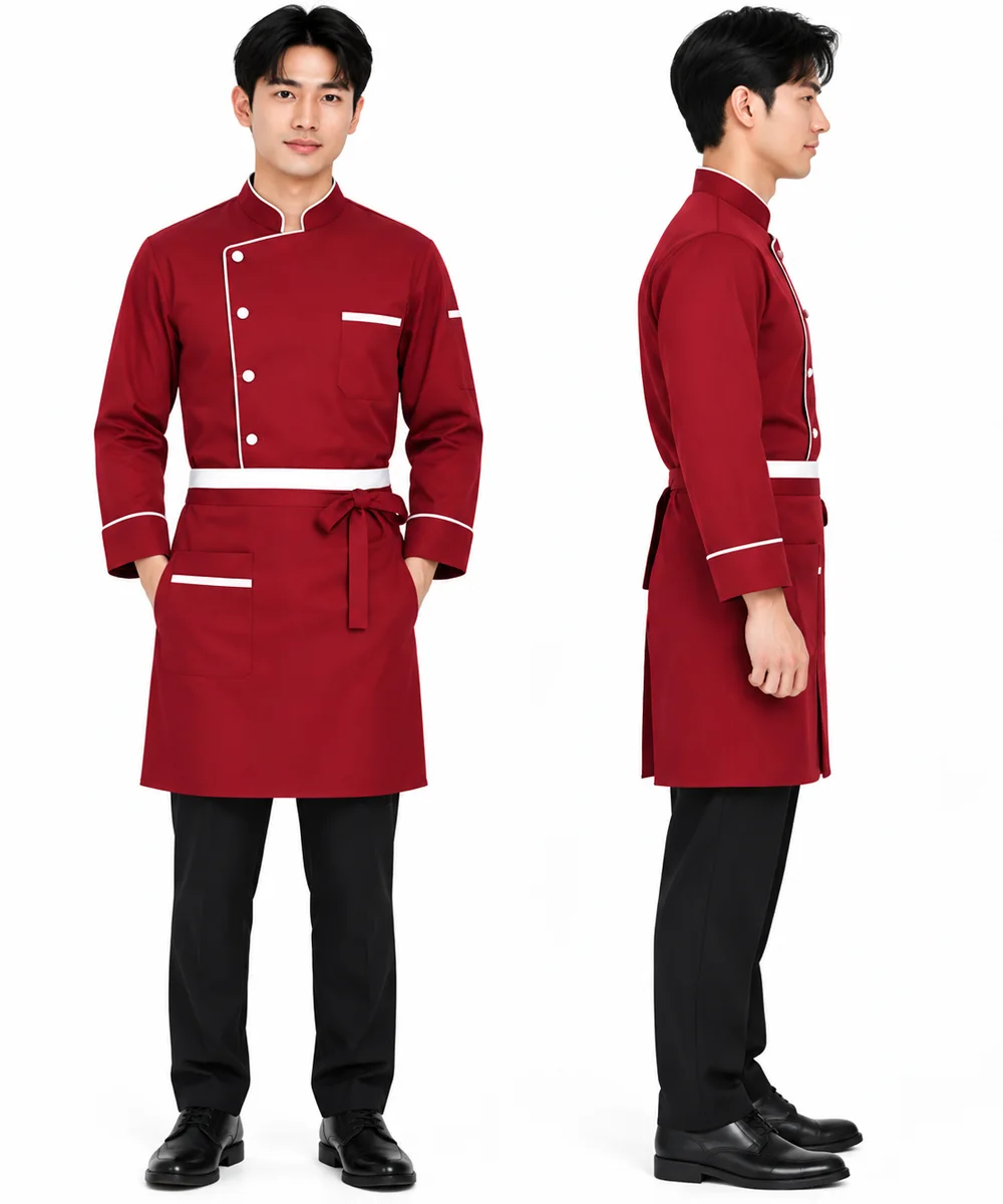 Áo bếp đồng phục dài tay màu đỏ viền cổ trắng - ảnh 4