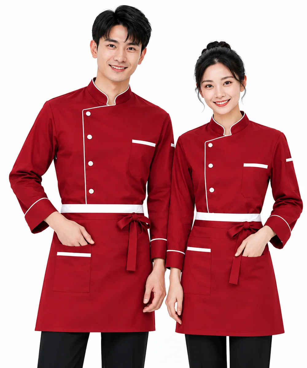 Áo bếp đồng phục dài tay màu đỏ viền cổ trắng - ảnh 2