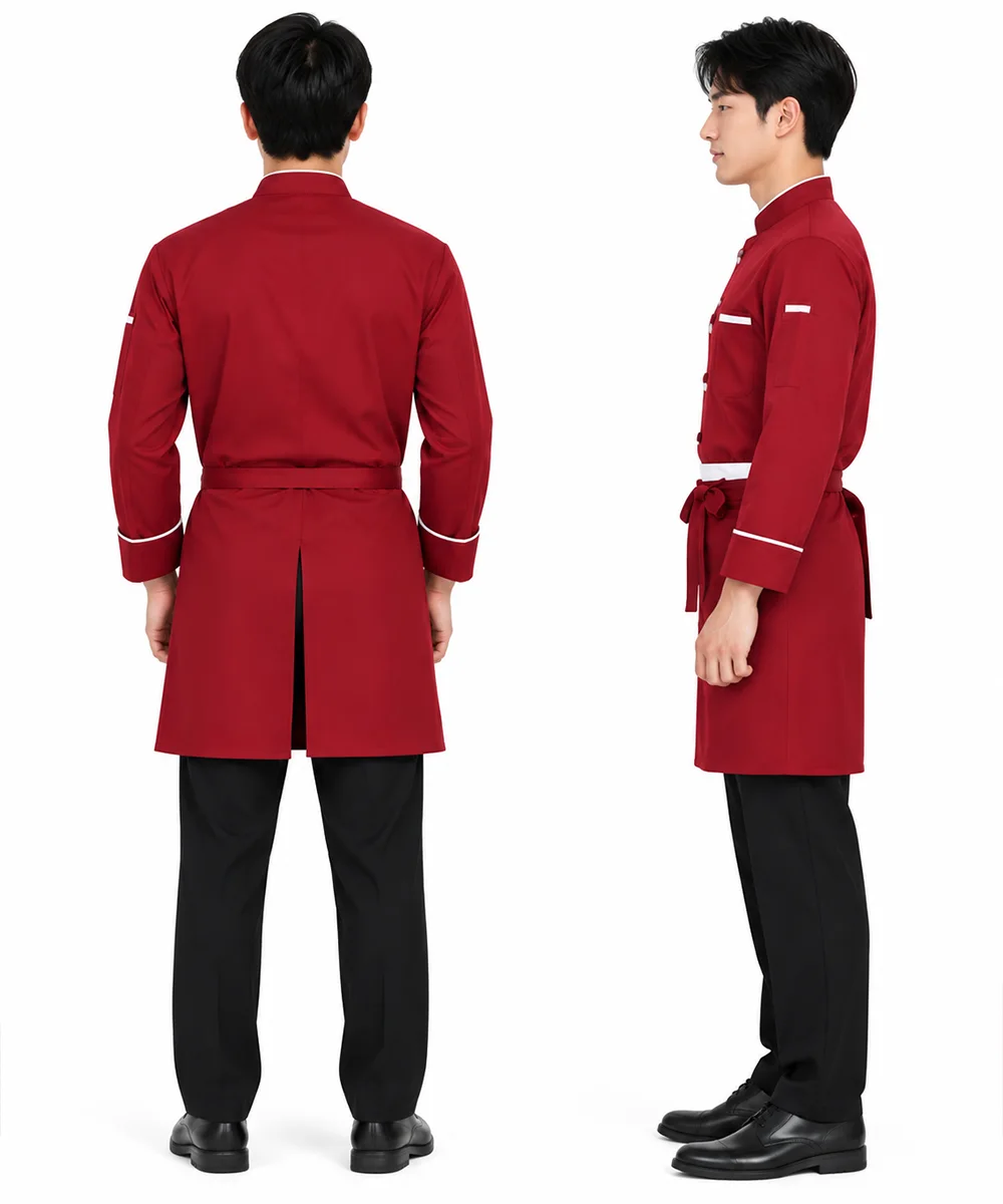 Áo bếp đồng phục dài tay màu đỏ viền cổ trắng - ảnh 3