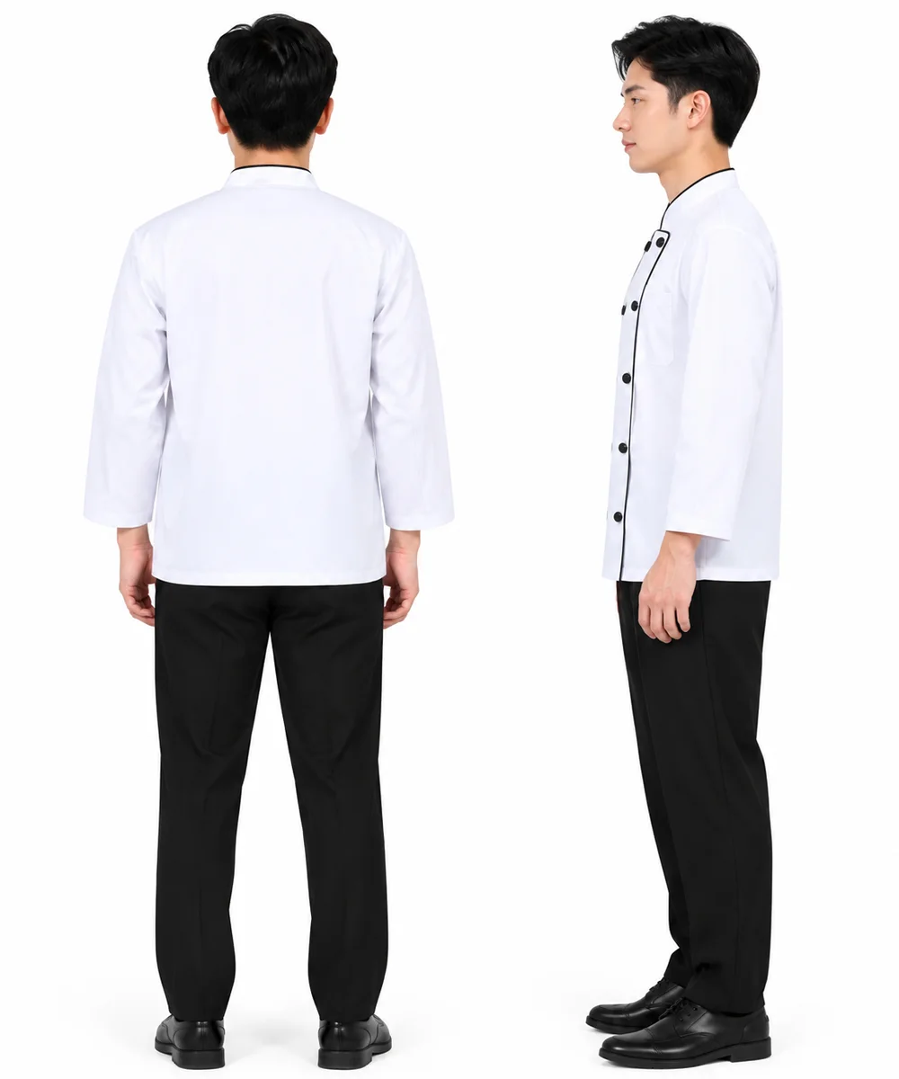 Áo bếp đồng phục dài tay màu trắng 2 hàng khuy viền đen - ảnh 3