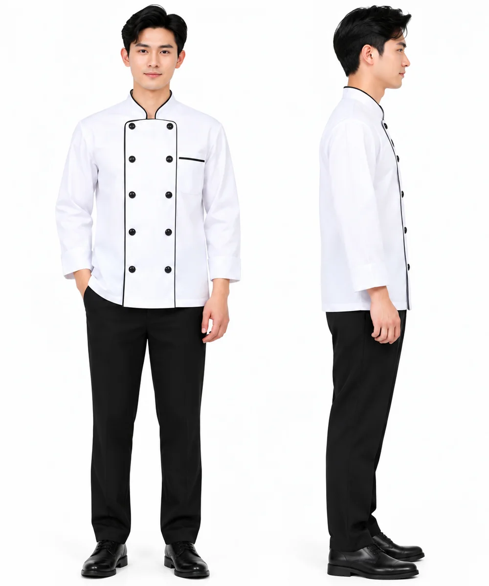 Áo bếp đồng phục dài tay màu trắng 2 hàng khuy viền đen - ảnh 2