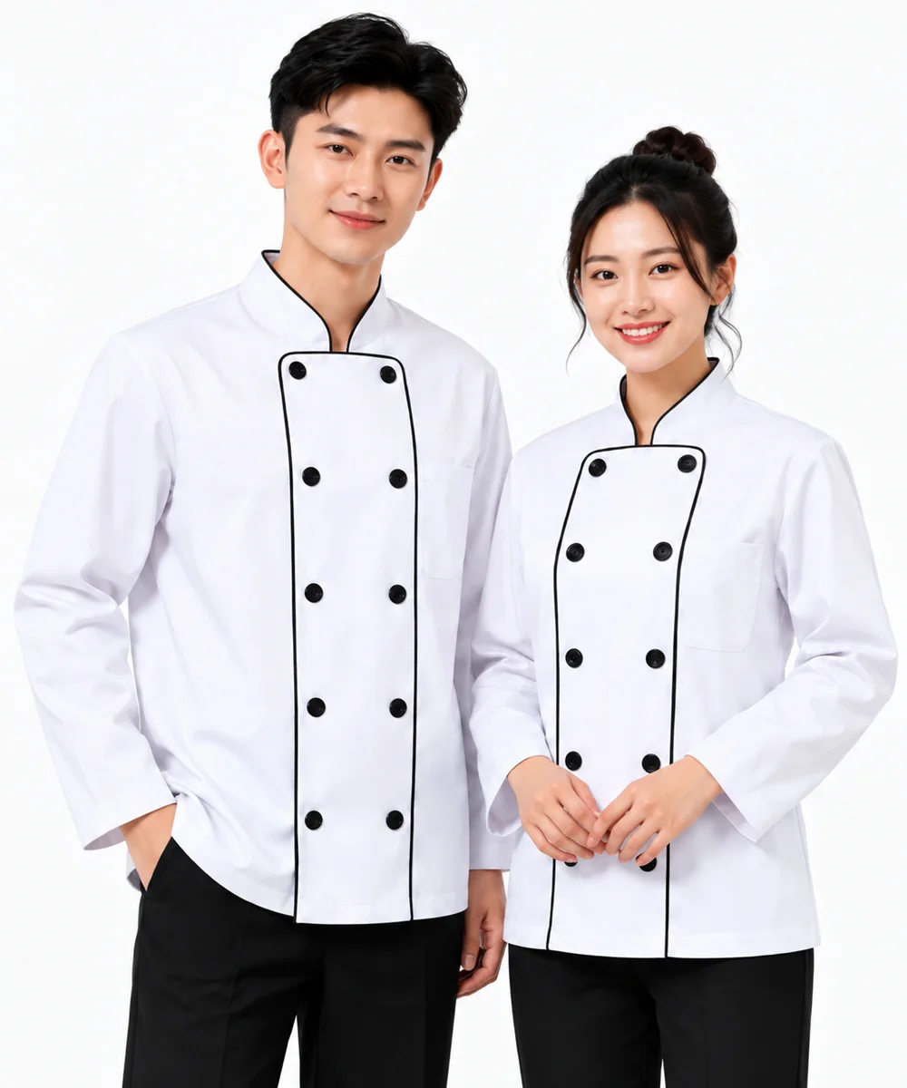 Áo bếp đồng phục dài tay màu trắng 2 hàng khuy viền đen