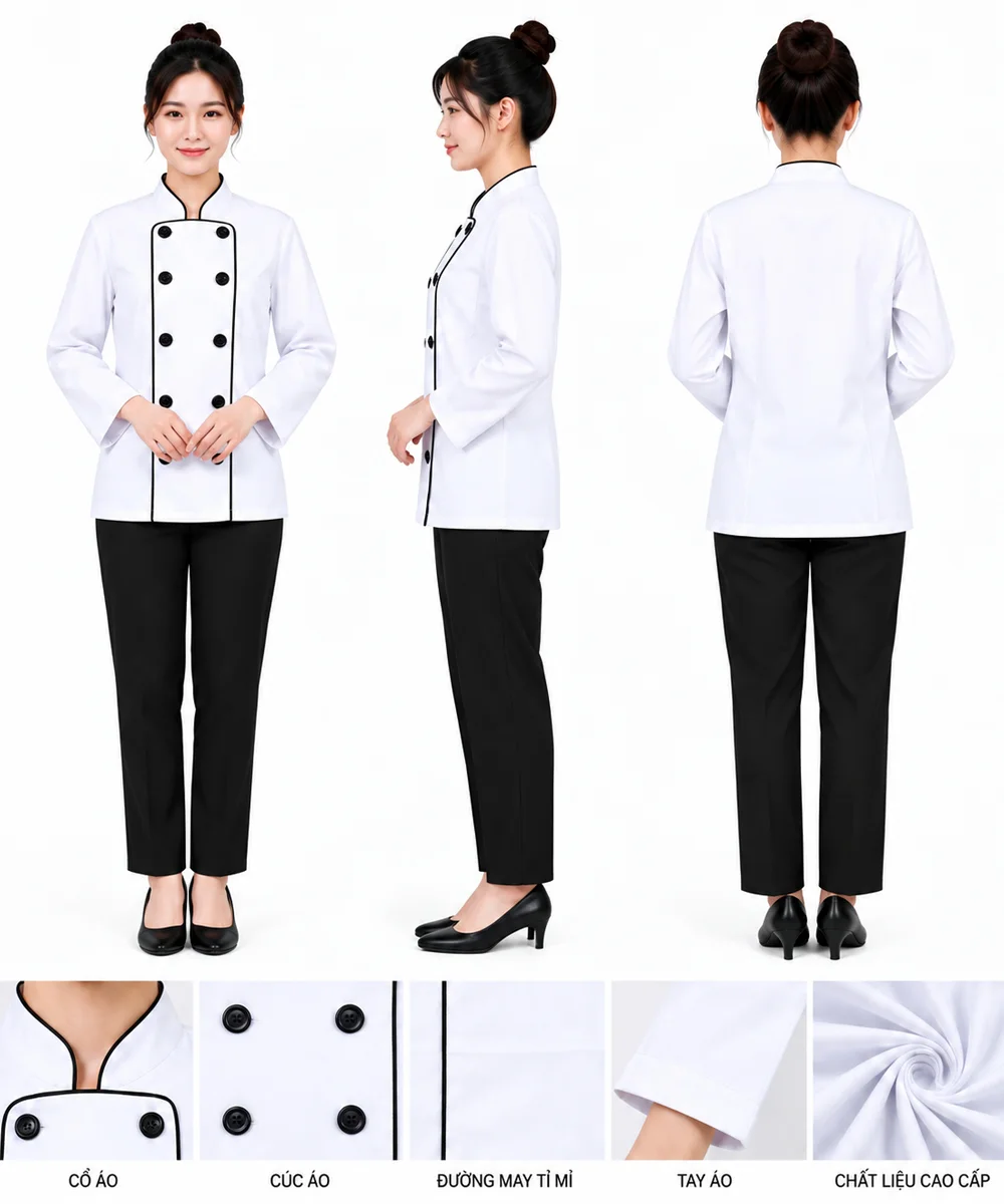 Áo bếp đồng phục dài tay màu trắng 2 hàng khuy viền đen - ảnh 4