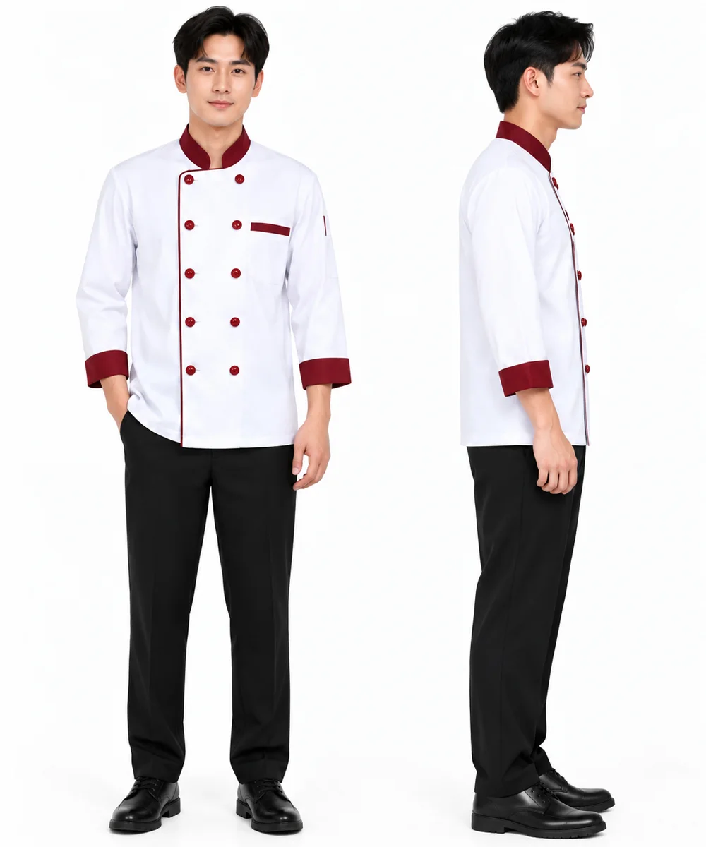 Áo bếp đồng phục dài tay màu trắng phối đỏ đô cổ trụ - ảnh 4
