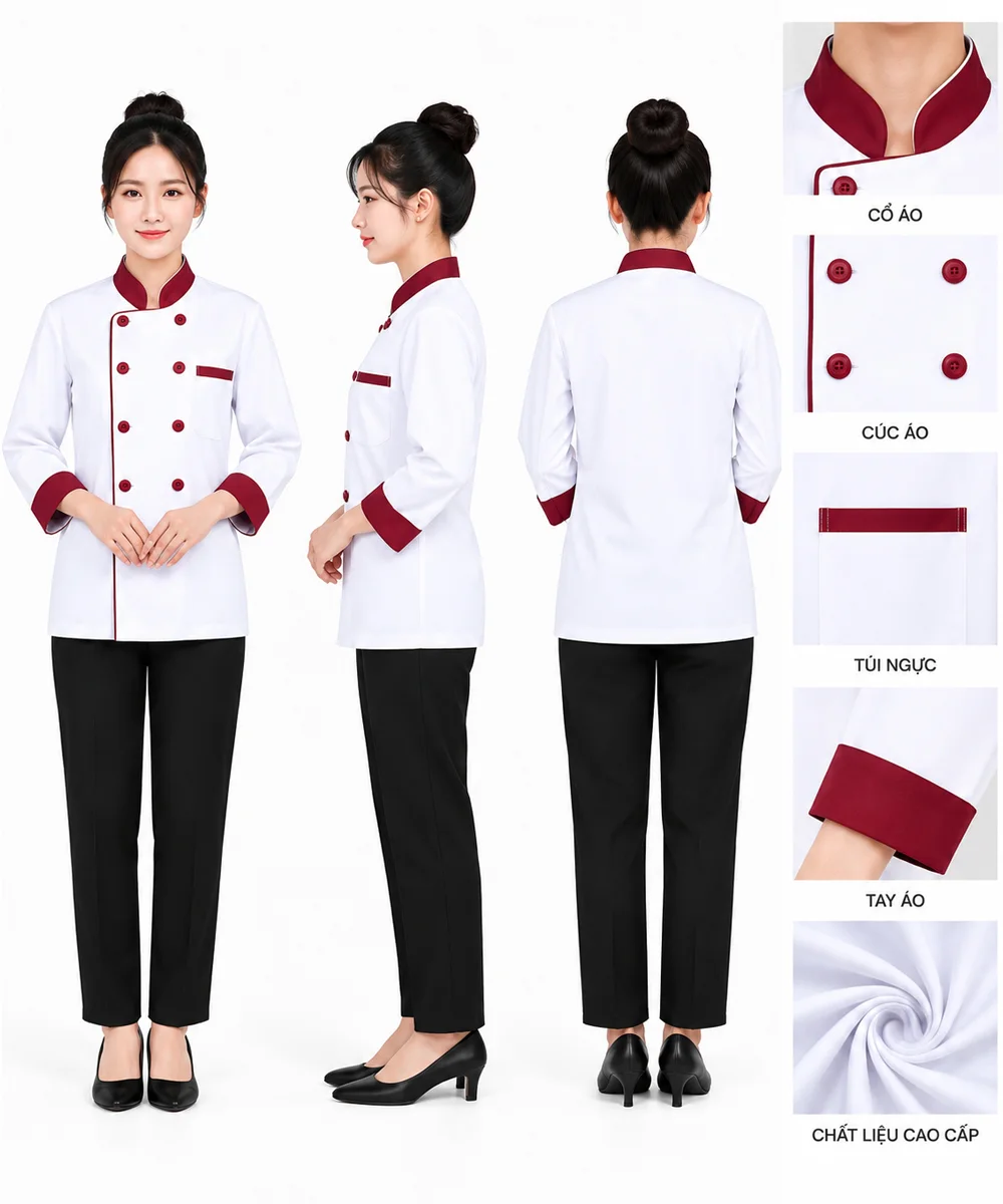 Áo bếp đồng phục dài tay màu trắng phối đỏ đô cổ trụ - ảnh 3