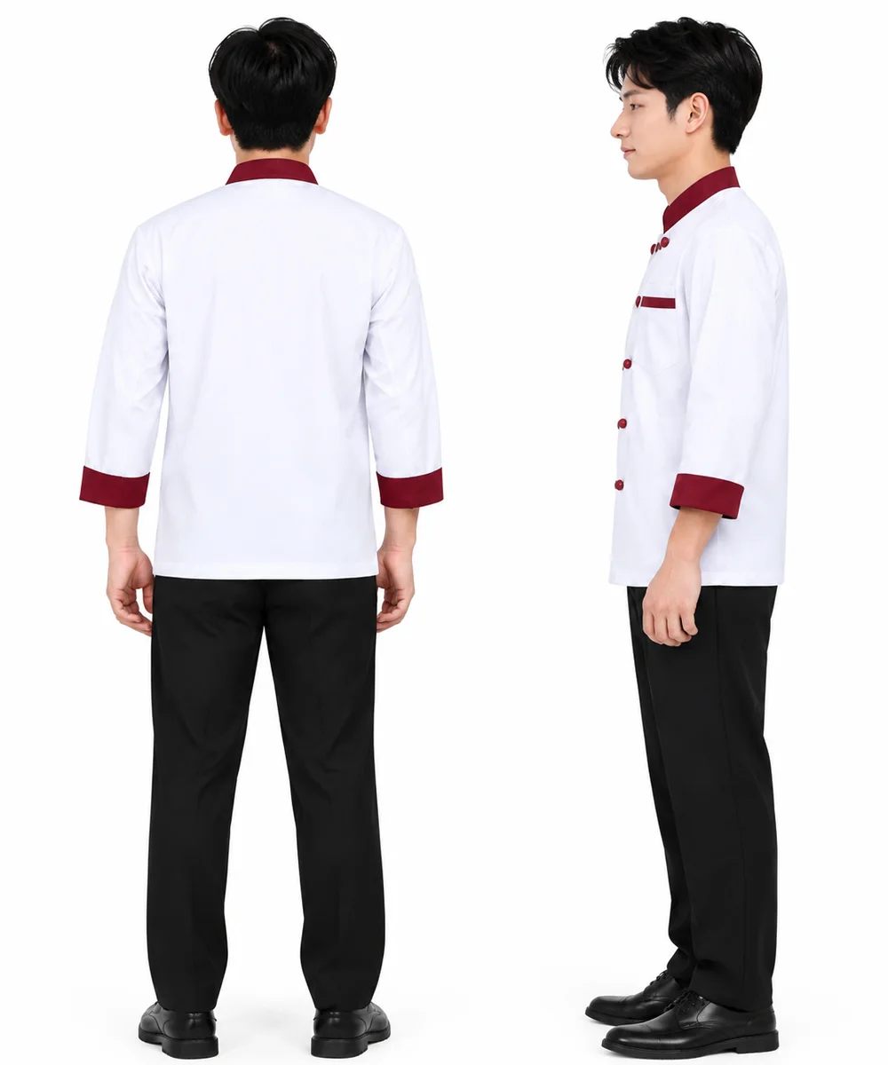 Áo bếp đồng phục dài tay màu trắng phối đỏ đô cổ trụ - ảnh 2