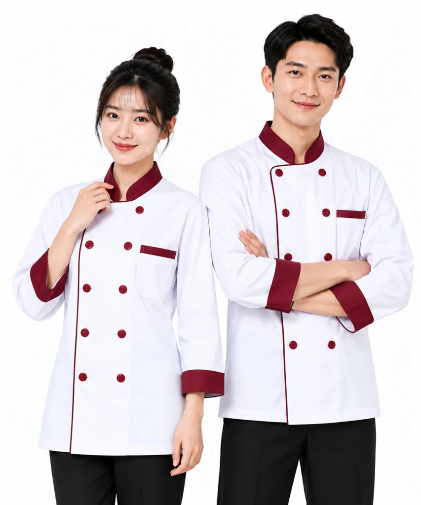 Áo bếp đồng phục dài tay màu trắng phối đỏ đô cổ trụ