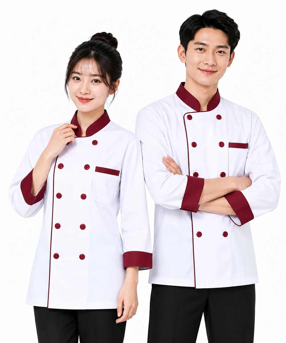 Áo bếp đồng phục dài tay màu trắng phối đỏ đô cổ trụ