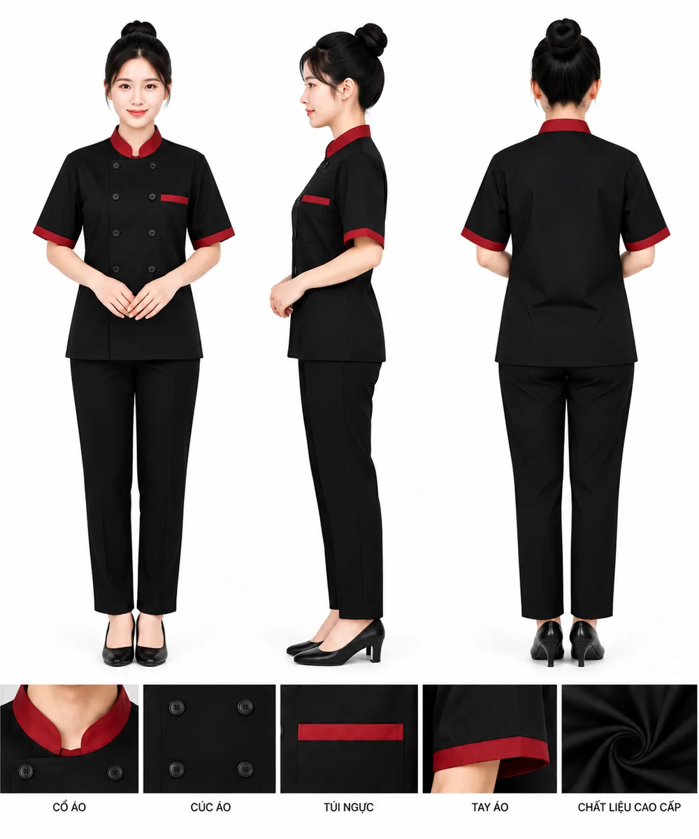 Áo bếp đồng phục màu đen tay ngắn cổ – viền tay đỏ đô - ảnh 4