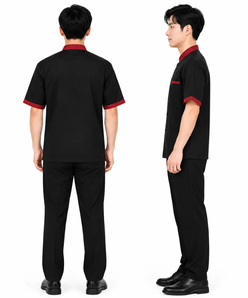 Áo bếp đồng phục màu đen tay ngắn cổ – viền tay đỏ đô - ảnh 3