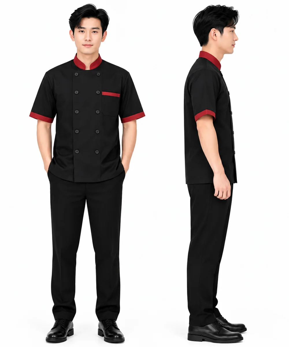 Áo bếp đồng phục màu đen tay ngắn cổ – viền tay đỏ đô - ảnh 2