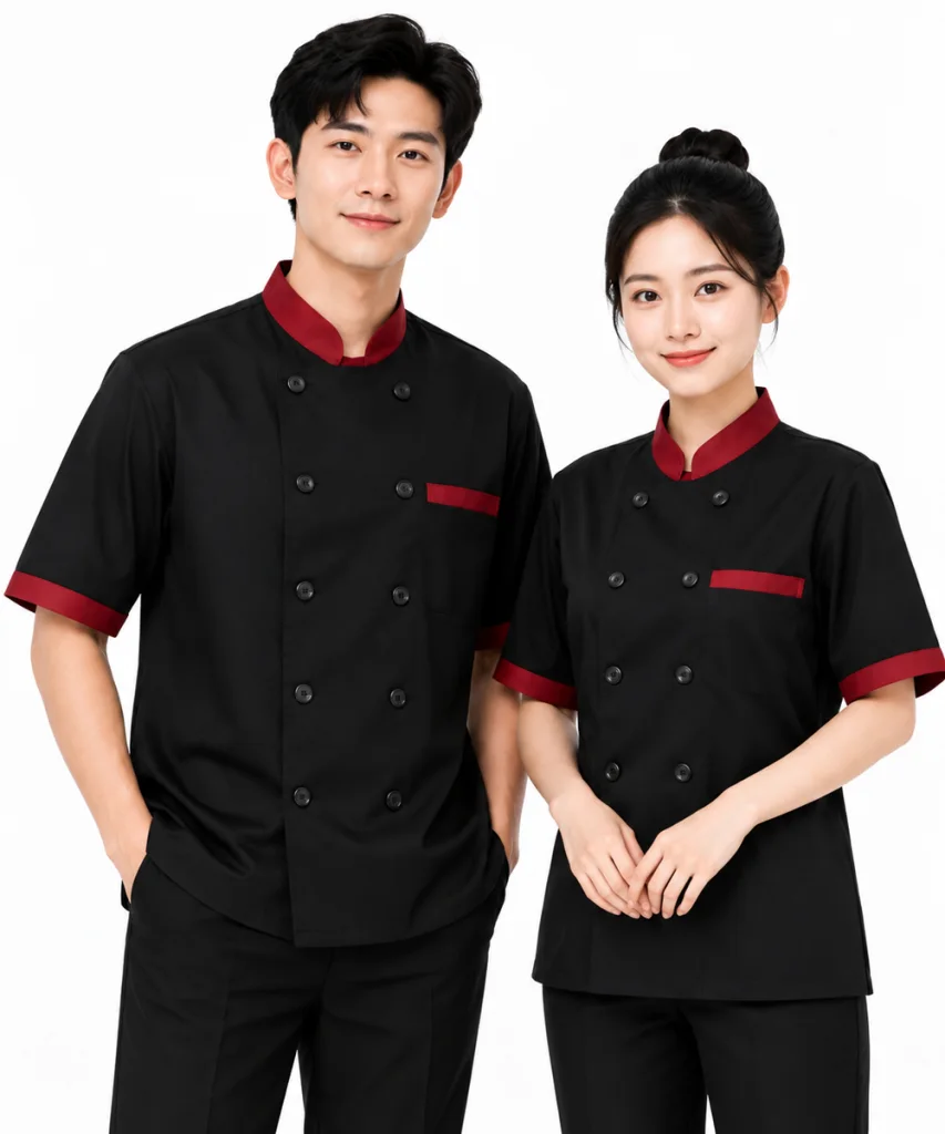 Áo bếp đồng phục màu đen tay ngắn cổ – viền tay đỏ đô