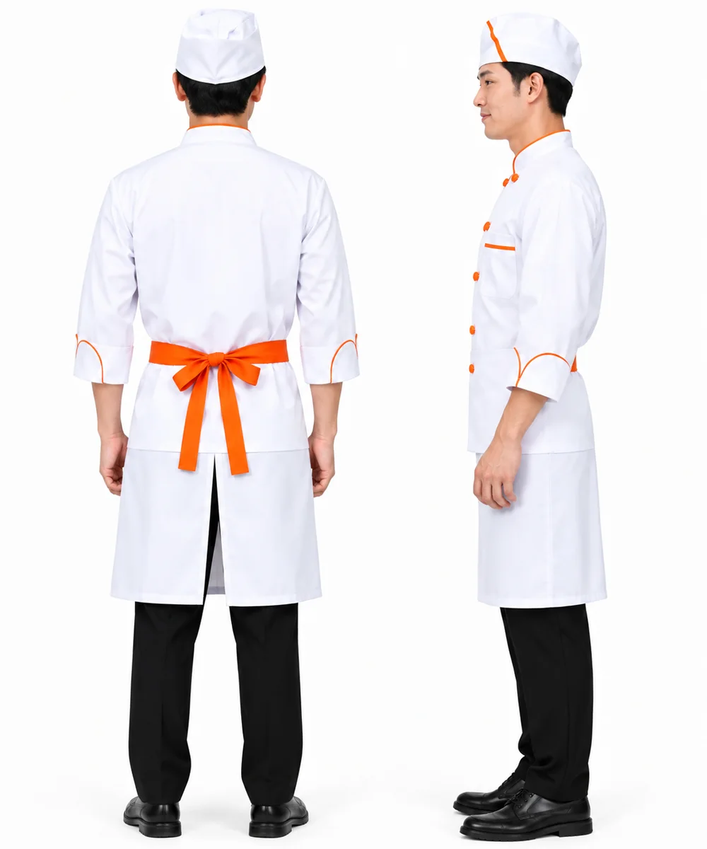 Áo bếp đồng phục màu trắng tay lửng phối cam 2 hàng khuy - ảnh 3