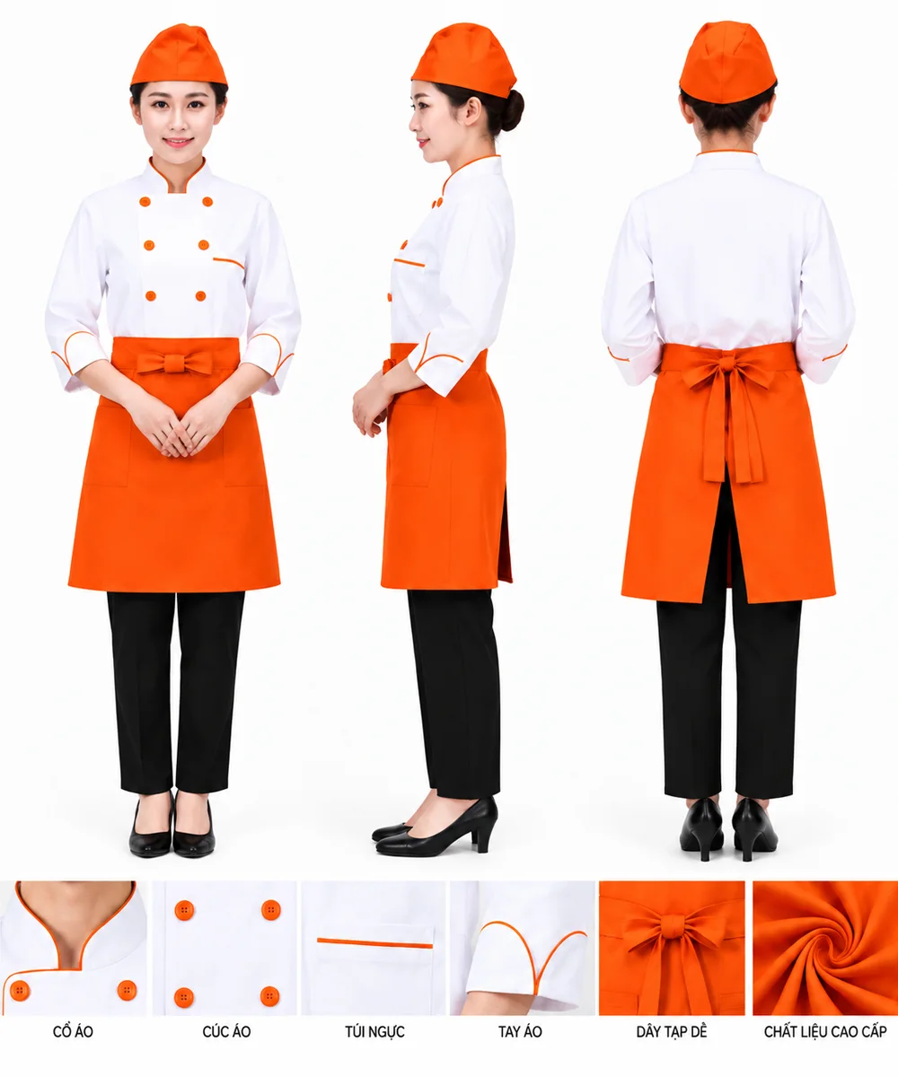 Áo bếp đồng phục màu trắng tay lửng phối cam 2 hàng khuy - ảnh 4
