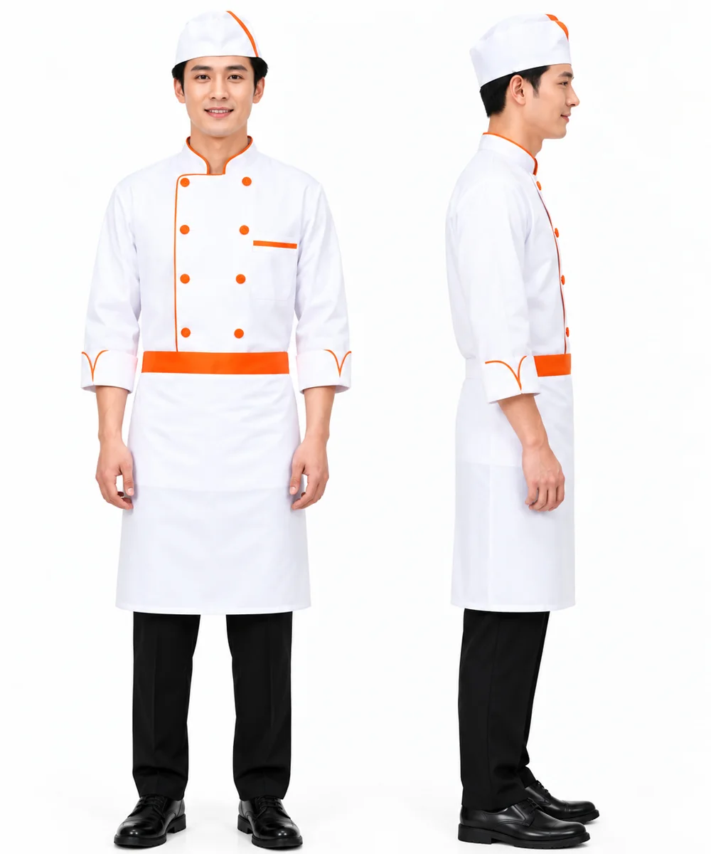 Áo bếp đồng phục màu trắng tay lửng phối cam 2 hàng khuy - ảnh 2