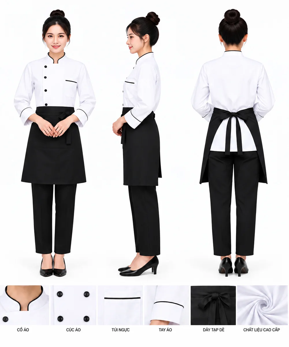 Áo bếp đồng phục nhà hàng màu trắng cổ trụ - ảnh 4