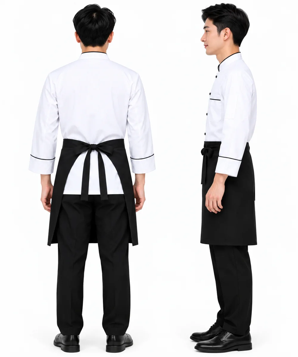 Áo bếp đồng phục nhà hàng màu trắng cổ trụ - ảnh 3