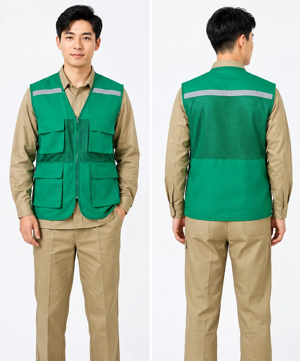 Áo gile bảo hộ lao động màu xanh lá cây 4 túi hộp - ảnh 3