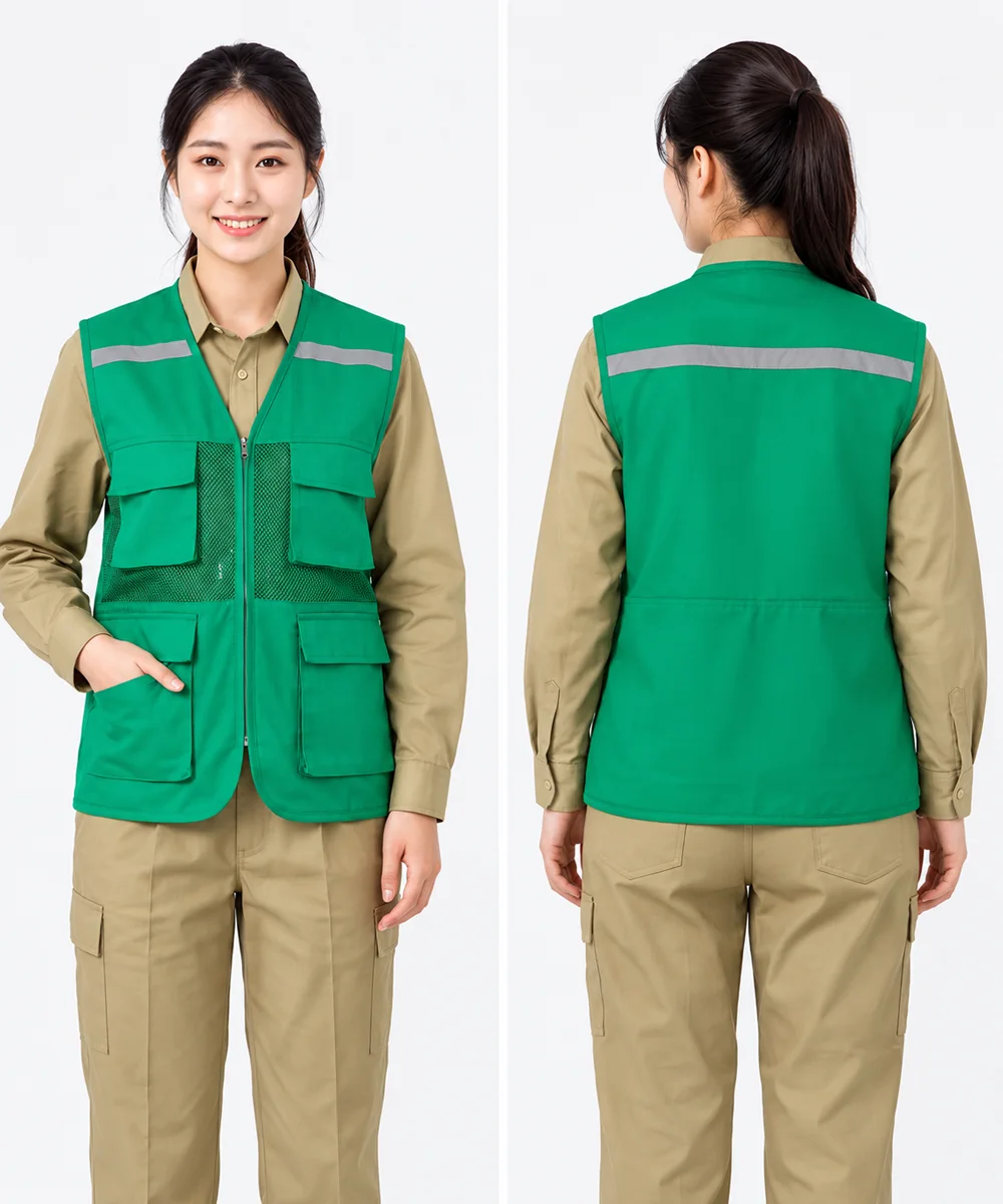 Áo gile bảo hộ lao động màu xanh lá cây 4 túi hộp - ảnh 2