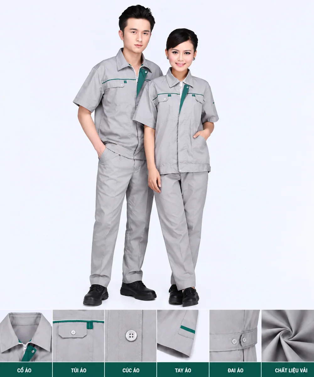 Quần áo đồng phục công nhân ngắn tay ghi xám phối xanh lá - ảnh 4
