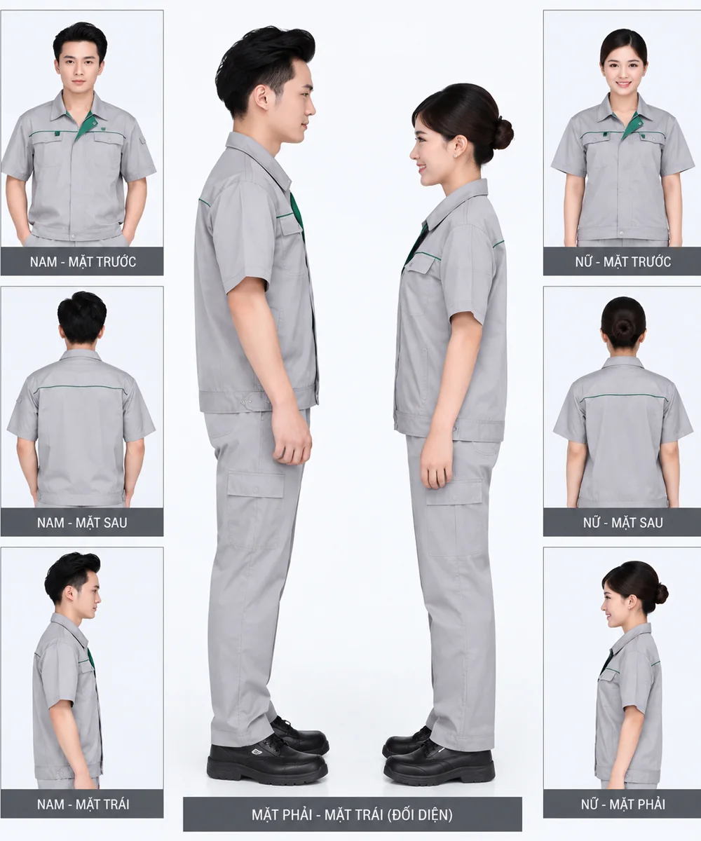 Quần áo đồng phục công nhân ngắn tay ghi xám phối xanh lá - ảnh 6
