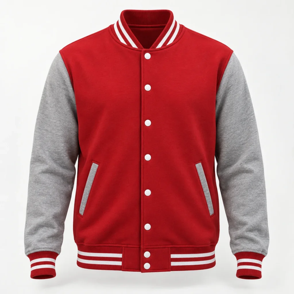 Áo bomber cài khuy đỏ phối tay ghi, bo sọc trắng