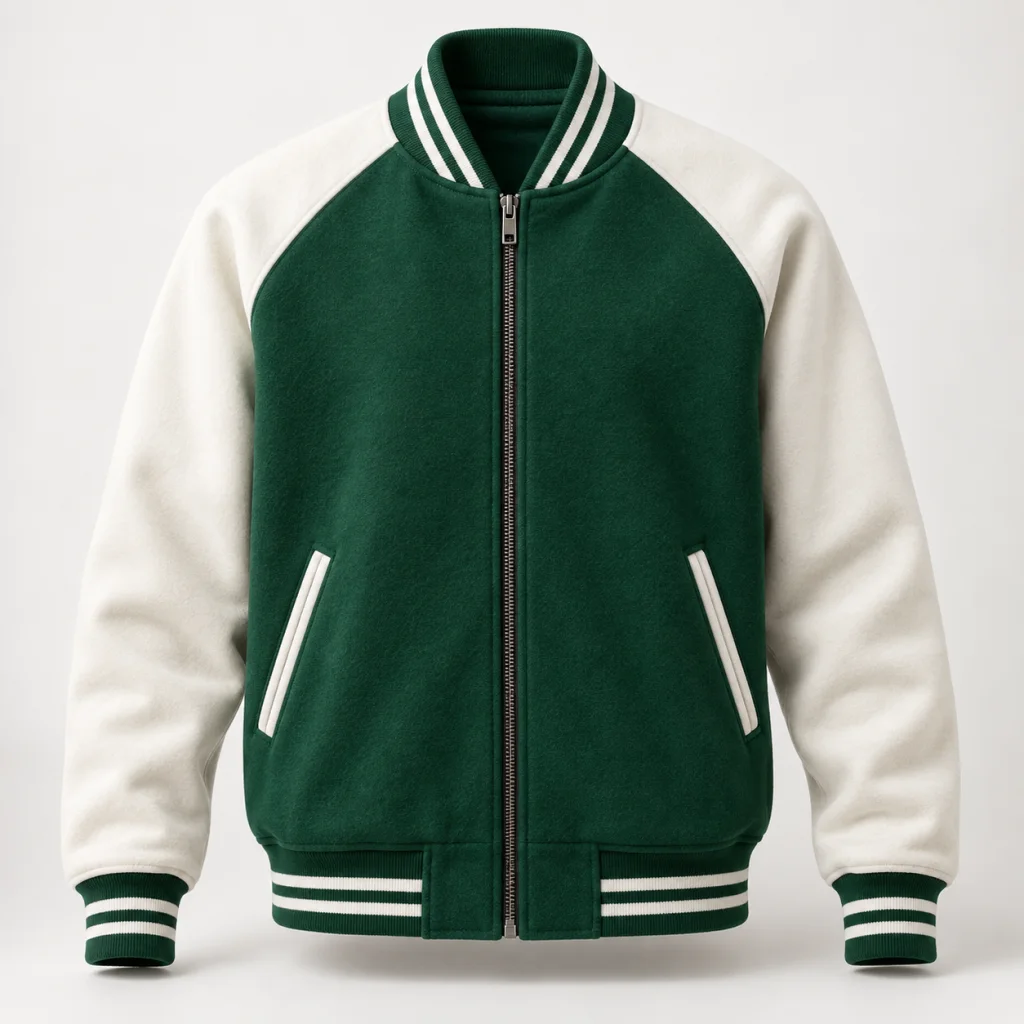 Áo bomber đồng phục khóa kéo xanh lá phối tay trắng