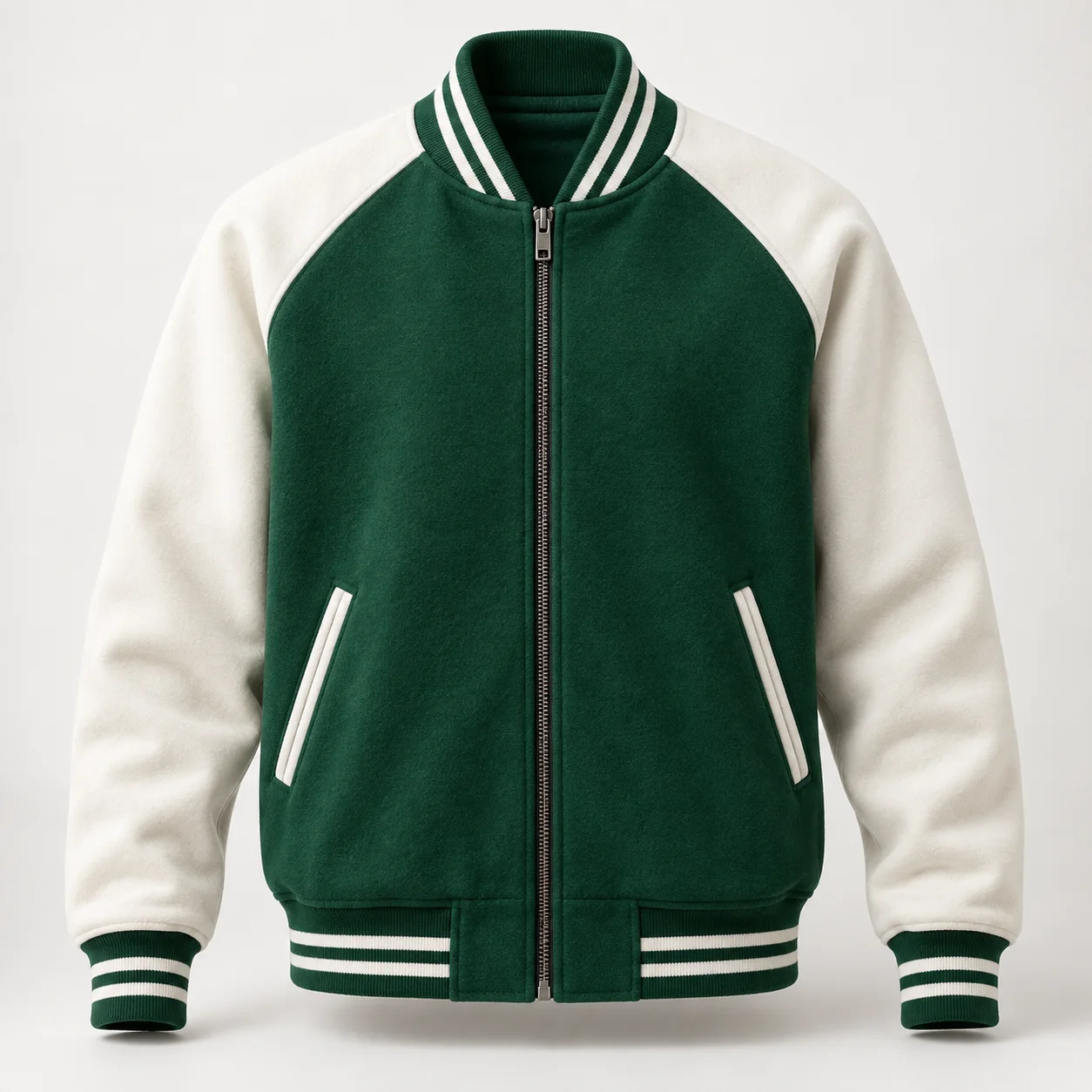 Áo bomber đồng phục khóa kéo xanh lá phối tay trắng