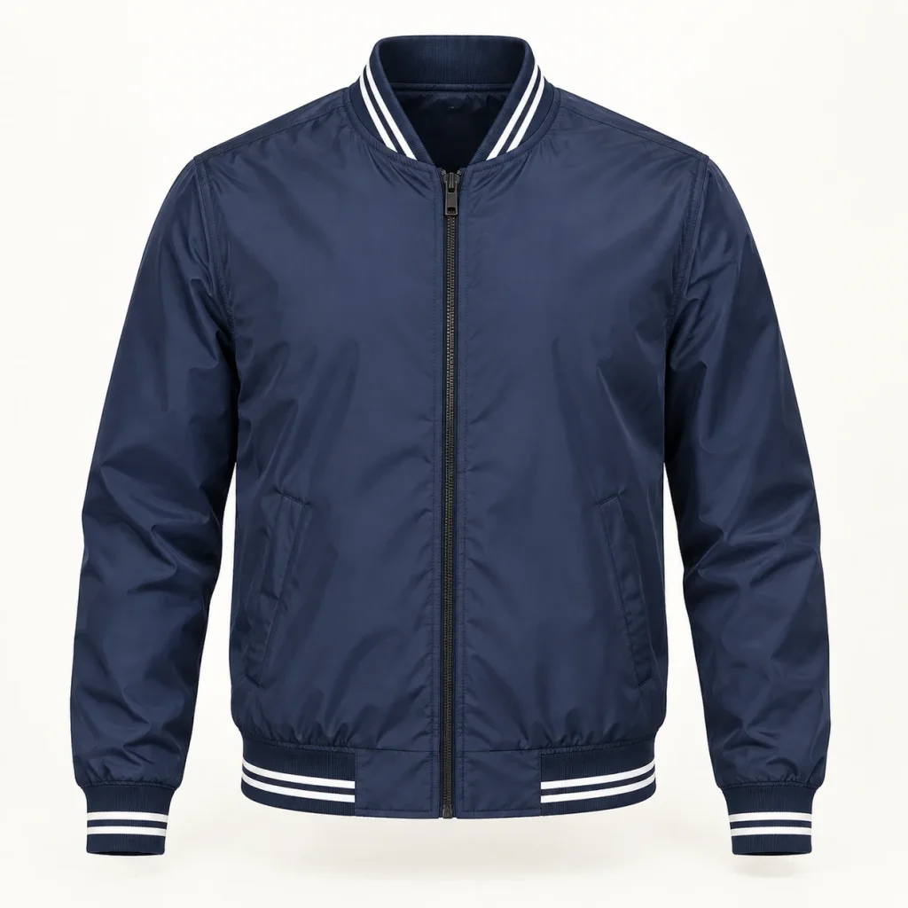 Áo bomber gió xanh navy bo hai sọc trắng