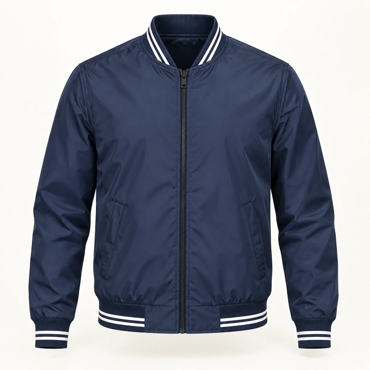 Áo bomber gió xanh navy bo hai sọc trắng