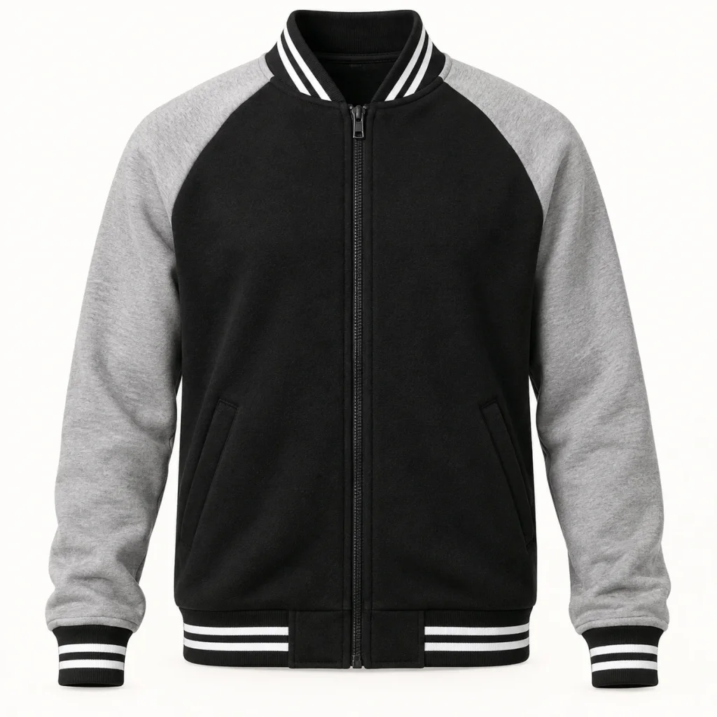 Áo bomber nỉ đen tay xám ráp raglan bo sọc